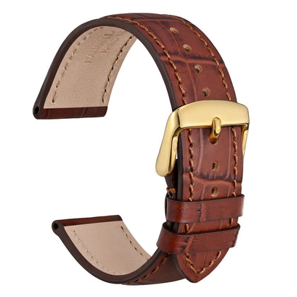 WOCCI 20mm Watch Band, Italian Leather, Embossed Alligator Grain, Gold Buckle (Brown)