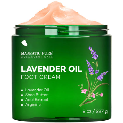 MAJESTIC PURE Lavender Oil Foot Cream, Warming Cream - Calluses, Dry Cracked Feet, Hands, Heels, Elbow, Nails, and Knees - Softens & Moisturizes Skin - 8 oz