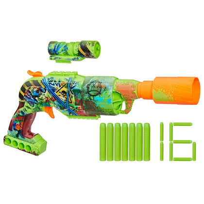 NERF Zombie Driller Dart Blaster, 16 Nerf Elite Darts, Rotating 5 Dart Cylinder, Removable Scope, Outdoor Games, Ages 8+