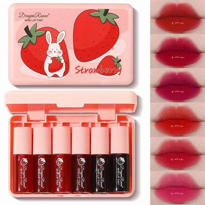 6 Colors Lip Tint Stain Set, Strawberry Lip Tint Stain Korean Lip Gloss Plumping Mini Liquid Lipstick, Multi-use Lip and Cheek Tint, Long lasting Non-Stick Cup, High Pigment, Vivid Color