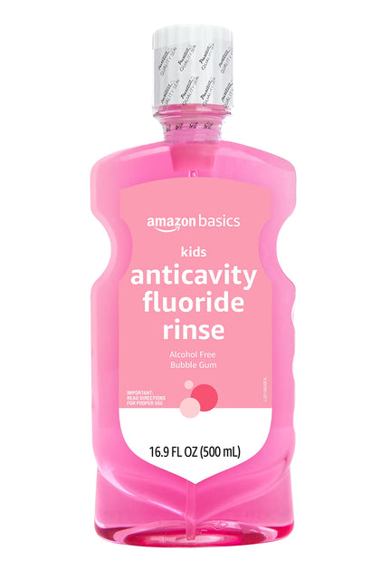 Amazon Basics Kids Anticavity Fluoride Rinse, Alcohol Free, Bubble Gum, 500mL, 16.9 Fluid Ounces, 1-Pack (Previously Solimo)