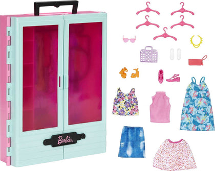 Barbie Closet Playset with 3 Outfits, Styling Accessories and Hangers, Mix-and-Match Barbie Clothes for 50+ Looks