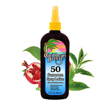 Caribbean Breeze Sunscreen Spray SPF 50 Lotion, Mango Scent Lime Fragrance Tanning Sunscreen Spray, Rich in Anti Oxidants Spray On Sunscreen with Green Tea & Pomegranate Extracts, 8.5 oz (250 ml)