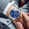 OLEVS Watches For Men Classic Blue Dial Mens Watches Day Date Mens Watches Sliver Stainless Steel Strap Watches Analog Quartz Watches Waterproof Watches Men Roman Numerals Watches Relojes Para Hombre