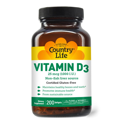 Country Life Vitamin D3, Non-Fish 1000 IU, 200 Softgels, Certified Gluten Free