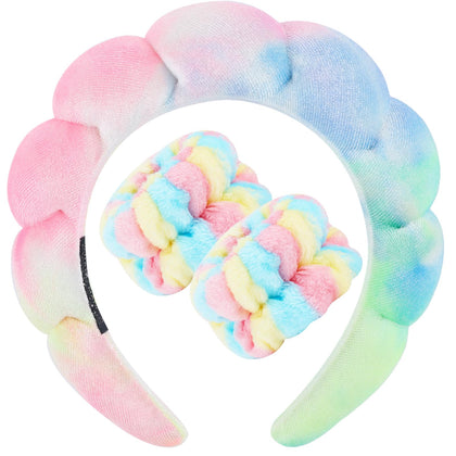 Zkptops Spa Headband for Washing Face Wristband Set Sponge Makeup Skincare Velvet Fabric Bubble Soft Get Ready Hairband for Women Girl Puffy Padded Headwear Non Slip Thick Hair Accessory(Tie Dye 2)