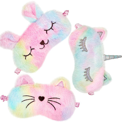 Sleep Mask for Kids, Girls Plush Sleeping Eye Cover 3 Pieces Soft Eye Blindfold Sleep Eye Cover Animal Sleeping Eye Shade for Kids (Rainbow Color, Bunny, Cat and Unicorn Style)