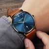 OLEVS Mens Ultra Thin Slim Minimalist Big Face Date Brown Leather Wrist Watches Gifts for Male Teens Waterproof Classic Casual Navy Blue Dial Black Bezel Gold Analog Quartz Watch with Retro Strap Band