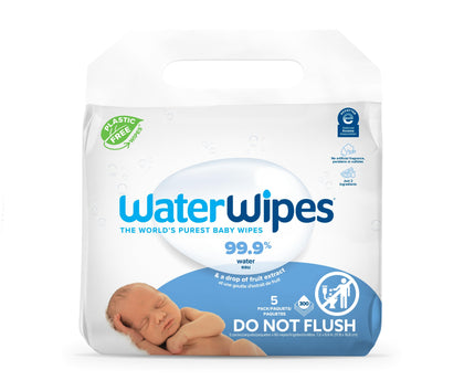 WaterWipes Plastic-Free Original Baby Wipes, 99.9% Water Based Wipes, Unscented & Hypoallergenic for Sensitive Skin, 300 Count (5 packs)