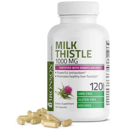 Bronson Milk Thistle 1000mg Silymarin Marianum & Dandelion Root Liver Health Support, Antioxidant Support, Detox, 120 Capsules