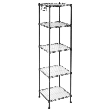 SONGMICS Bathroom Shelf, Storage Rack for Small Space, Total Load Capacity 220 lb, 11.8 x 11.8 x 48.6 Inches, with 5 PP Sheets, Removable Hooks, Extendable Design, Black and Translucent ULGR23BK