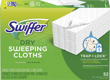 Swiffer Sweeper Dry Mop Refills for Floor Mopping and Cleaning, All Purpose Floor Cleaning Product, Unscented, 52 Count (Packaging May Vary)