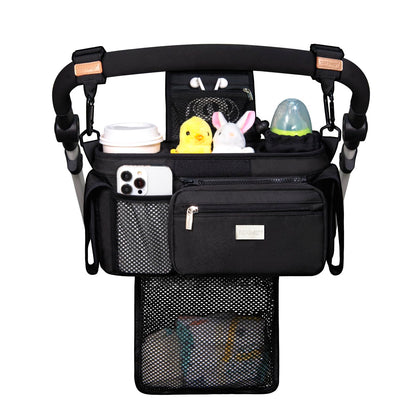 TOPDesign Universal Baby Stroller Organizer, Stroller Caddy with Detachable Mesh Bag & Heightened Insulated Cup Holders & Non-Slip Secure Hooks Accessories, Fits Most Strollers (Black)