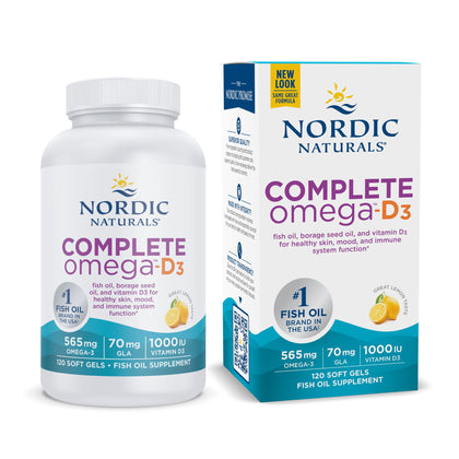 Nordic Naturals Complete Omega-D3, Lemon Flavor - 120 Soft Gels - 565 mg Omega-3 + 70 mg GLA + 1000 IU Vitamin D3 - EPA & DHA - Healthy Skin & Joints, Cognition, Positive Mood - Non-GMO - 60 Servings