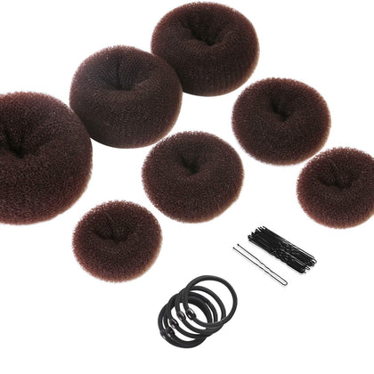 Donut Hair Bun Maker 7 Pieces, Teenitor Ring Style Bun Maker Set with (1 extra-large, 2 large, 2 medium and 2 small), 5 pieces Hair Elastic Bands, 20 pieces Hair Pins, Dark Brown