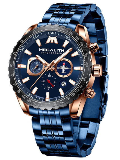 MEGALITH Mens Watches with Stainless Steel Waterproof Analog Quartz Fashion Business Chronograph Blue Watch for Men, Auto Date