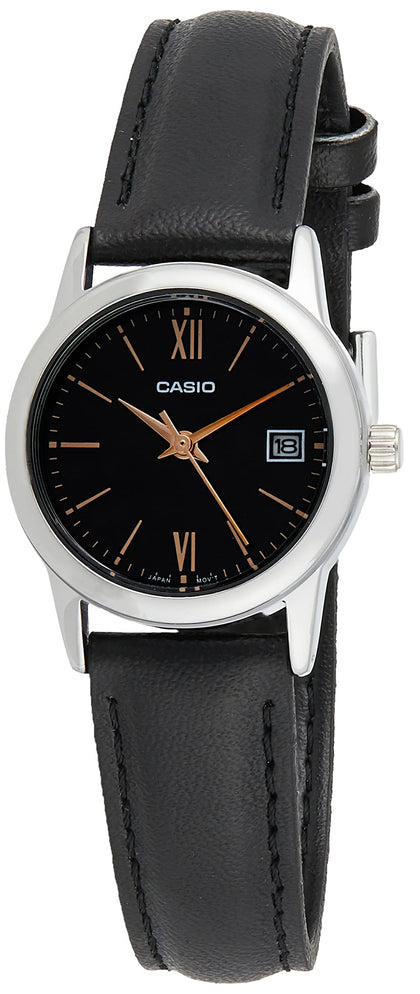 Casio LTP-V002L-1B3 Women's Black Leather Band Black Date Dial 3-Hand Analog Watch