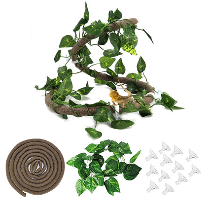 Hamiledyi Reptile Jungle Vines Bend A Branch 4Pcs Fake Leaves Hanging Terrarium Plant Decor for Bearded Dragon Lizard Gecko Snake Chameleon Frog Hermit Crab Tank Habitat Decorations Climbing