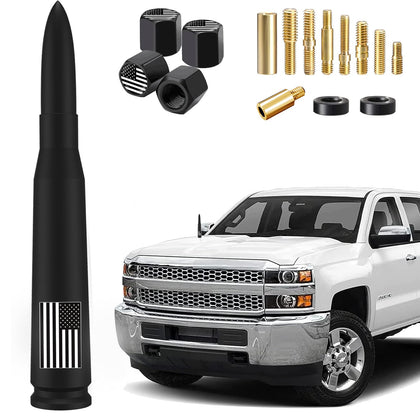 Truck Car Bullet Antenna with Valve Stem Caps Mast for GM Chevy Silverado 1500 2500 3500 HD Ford F150 F250 F350 Denali Heavy Pickup Jeep AM/FM Truck Accessories (Matte Black)-Anti Theft-America Flag