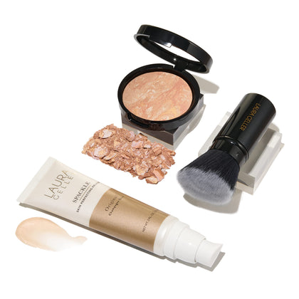 LAURA GELLER NEW YORK Everyday Routine Kit - Baked Balance-N-Brighten Color Correcting Powder Foundation, Light + Retractable Angled Kabuki + Spackle Makeup Primer, Champagne Glow (3 PC)