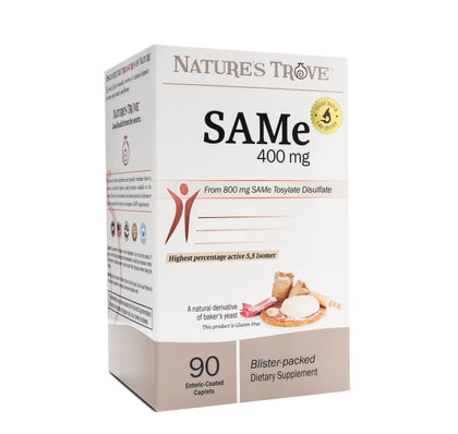 Nature's Trove SAM-e 400mg 90 Enteric Coated Caplets. Vegan, Kosher, Non-GMO Project Verified, Soy Free, Gluten Free - Cold Form Blister Packed.