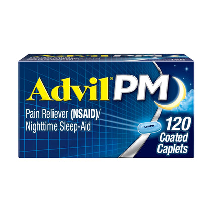 advil pm pain reliever and nighttime sleep aid, pain medicine with ibuprofen for pain relief and diphenhydramine citrate for a sleep aid - 120 coated caplets (expiry -1/31/2026)