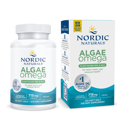 Nordic Naturals Algae Omega - 120 Soft Gels - 715 mg Omega-3 - Certified Vegan Algae Oil - Plant-Based EPA & DHA - Heart, Eye, Immune & Brain Health - Non-GMO - 60 Servings