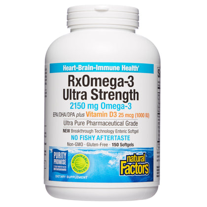 Natural Factors, Ultra Strength RxOmega-3 Fish Oil with Vitamin D3, High Potency Formula, 2,150 mg Omega-3 Per Serving, No Fishy Aftertaste, 150 Count (Pack of 1)