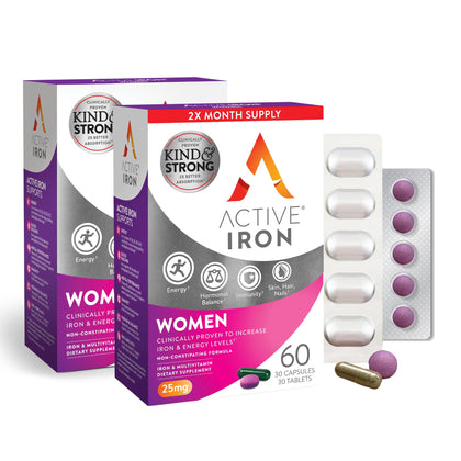 Active Iron for Women, Non-Constipating, 30 Active Iron High Potency Capsules with 30 Multivitamin Tablets, Helps Strengthen Your Immune System, 2 Pack