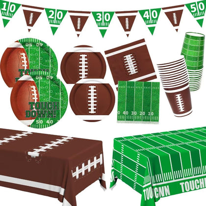 Football Party Supplies Kit Serve 24,Includes Dinner Plates, Dessert Plates, Napkins, Cups,Banner and Touchdown Tablecloth for Football Birthday Party Football Gameday Tailgate Party Decorations