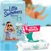 Little Swimmers Size 3 (16-26 lbs) Small Disposable Swimming Diapers 12 Count + Bonus Pack of Sensitive Baby Wipes 56 Ct - Absorbent and Adjustable Swim Pants