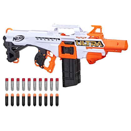 NERF Ultra Select Fully Motorized Blaster, Fire for Distance or Accuracy, Includes Clips and Darts, Outdoor Games and Toys, Automatic Electric Full Auto Toy Foam Blasters