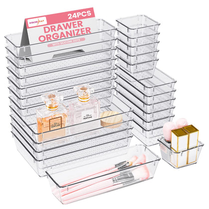 HOUSE DAY Makeup Drawer Organizer Trays 24 PCS, 4-Size Clear Drawer Organizers with Silicone Pads, Vanity Organizers and Storage, Non Slip Plastic Drawer Organizer for Desk, Bathroom, Kitchen, Office