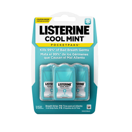 Listerine Cool Mint Pocketpaks Breath Strips Kills Bad Breath Germs, 24-Strip Pack, 3 Pack