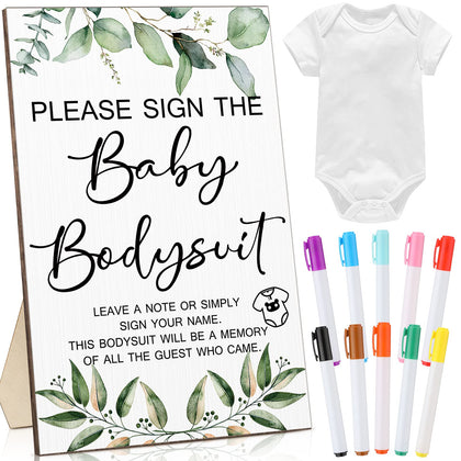 Baby Shower Favors Baby Shower Game Sign Wooden Tabletop Decor Baby Shower Guestbook Newborn Bodysuit Blank Baby Unisex Bodysuit Fabric Marker for Gender Reveal Party Gifts (Greenery)