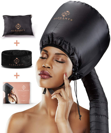 ELEGANTY Soft Bonnet Hood Hairdryer Attachment with Headband that Reduces Heat Around Ears and Neck to Enjoy Long Sessions - Used for Hair Styling, Deep Conditioning and Hair Drying (Black)