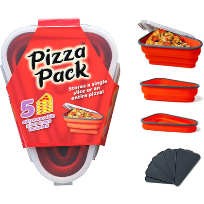 The Perfect Pizza Pack - Reusable Pizza Storage Container with 5 Microwavable Serving Trays - BPA-Free Adjustable Pizza Slice Container to Organize & Save Space, Red