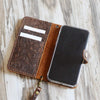 handmade leather iphone 13/13 mini / 13 pro / 13 pro max wallet case with wristlet - tooled flower brown