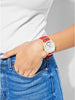 GUESS Gold-Tone + Iconic Red Stain Resistant Silicone Watch with Day, Date + 24 Hour Military/Int'l Time. Color: Red (Model: U1157L2)