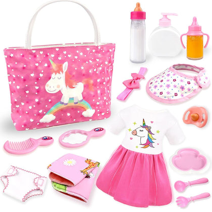 BNUZEIYI Baby Doll Accessories -Baby Doll Feeding and Caring Set with Diaper Bag Doll Diaper and Bottles for Girls Toys Gift, Baby Doll Stuff Doll Clothes fit 14-16 Inch Doll and 18 Inch Doll