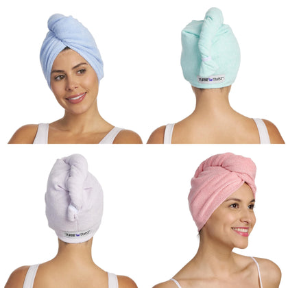 Turbie Twist Microfiber Hair Towel Wrap for Women and Men | 4 Pack | Quick Dry Turban for Drying Curly, Long & Thick Hair (Pink, Purple, Blue, Aqua)