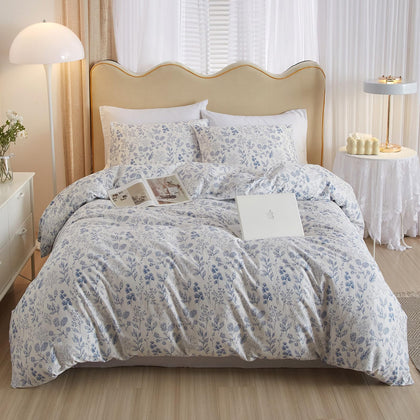 3 Pieces Duvet Cover Queen Size White Duvet Cover with Blue Floral Print,Soft Cotton Comforter Cover Boho Style,Aesthetic Queen Bedding Set with Zipper Closure 4 Ties