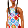 Barbie Fashionistas Doll #210 with Brown Hair in Bun, Wearing Colorful Crochet Halter Dress, Sunglasses and Sandals