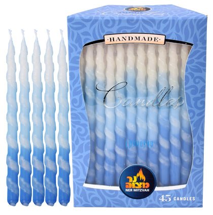 Dripless Chanukah Candles Standard Size - Spiral Ombre Blue & White Hanukkah Candles Fits Most Menorahs - Premium Quality Wax - 45 Count for All 8 Nights of Hanukkah - by Ner Mitzvah