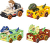 Hot Wheels Toy Cars, RacerVerse 4-Pack of Die-Cast Vehicles Featuring Jurassic World Characters Charlie, Owen, Dilophosaurus & Allosaurus as Drivers