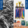 Defined Deco Medal Hanger Display and Trophy Shelf with 32 Hooks - Wooden Medal Holder for Wall Mount Ribbon Display, Trophy Display Shelf for Gymnastics, Soccer, Running Race Medals Awards Rack.