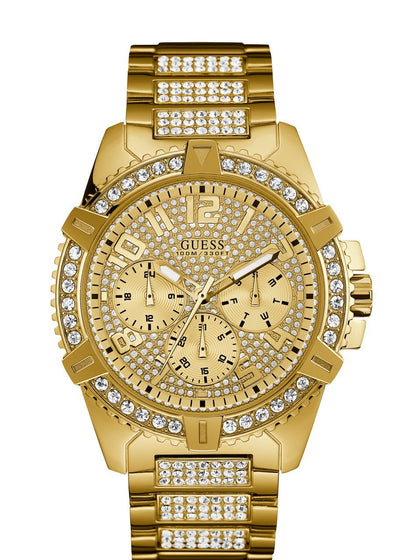 GUESS Stainless Steel Gold-Tone Crystal Embellished Bracelet Watch with Day, Date + 24 Hour Military/Int'l Time. Color: Gold-Tone (Model: U0799G2)