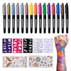 SUSIKEKI Temporary Tattoo Markers for Skin, 15 Colors Tattoo Pen + 50 Paint Stencils + 43 Tattoos Stickers, Glitter & Matte & Neon Glow Body Marker Set, Removable Fake Tattoos Kit for Teens and Adult