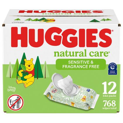 Huggies Natural Care Sensitive Baby Wipes, Unscented, Hypoallergenic, 99% Purified Water, 12 Flip-Top Packs (768 Wipes Total), Packaging May Vary