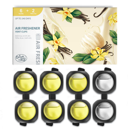 Car Air Freshener Vent Clips, 8 Pack, Provides Long-Lasting Scent, Up to 240 Days, Odor Eliminator (Vanilla)